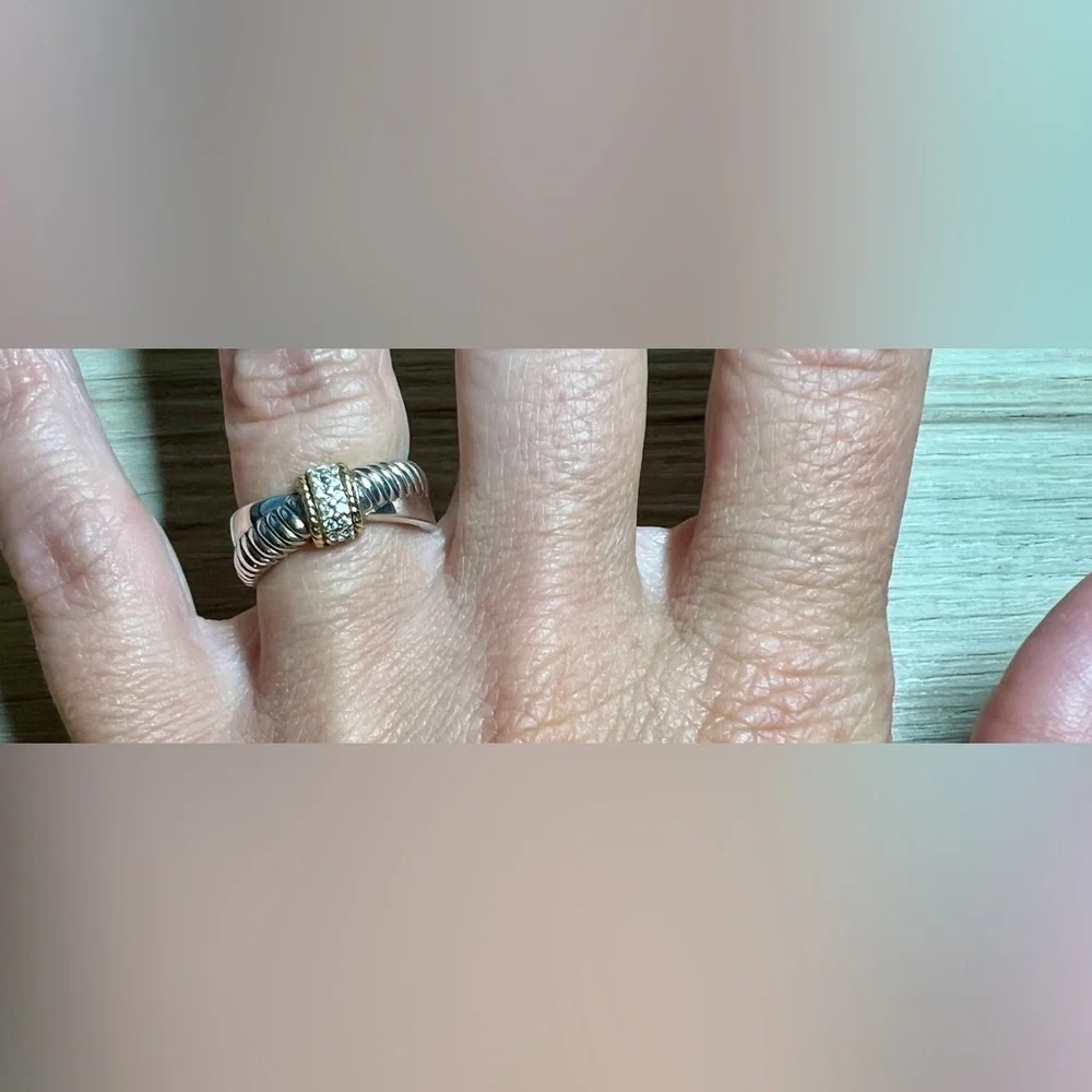 Vintage Designer Signed ATR Sterling Silver & 18K Gold Diamond Ring, Size 6